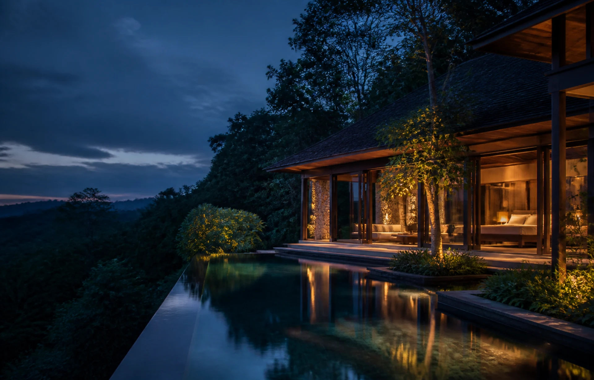 Ban Rim Khao hillside residence at dusk