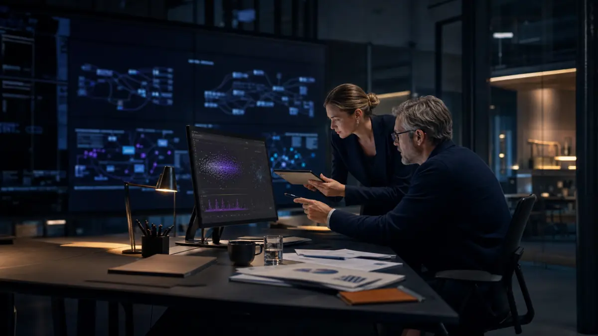 European AI architect and business lead reviewing model evaluation displays