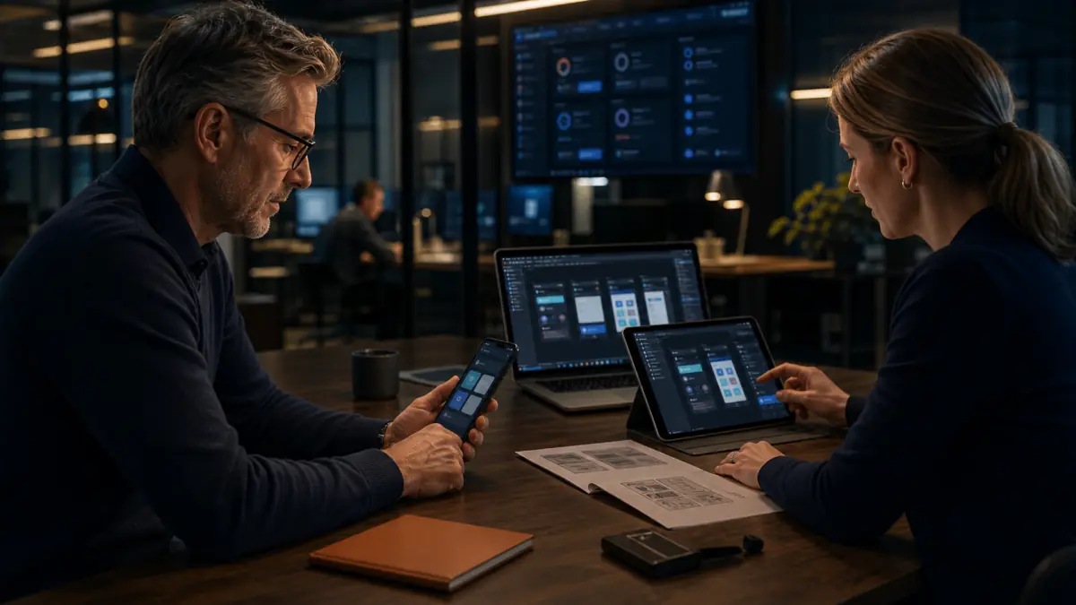 European product team validating an enterprise mobile app across phone, tablet, and laptop