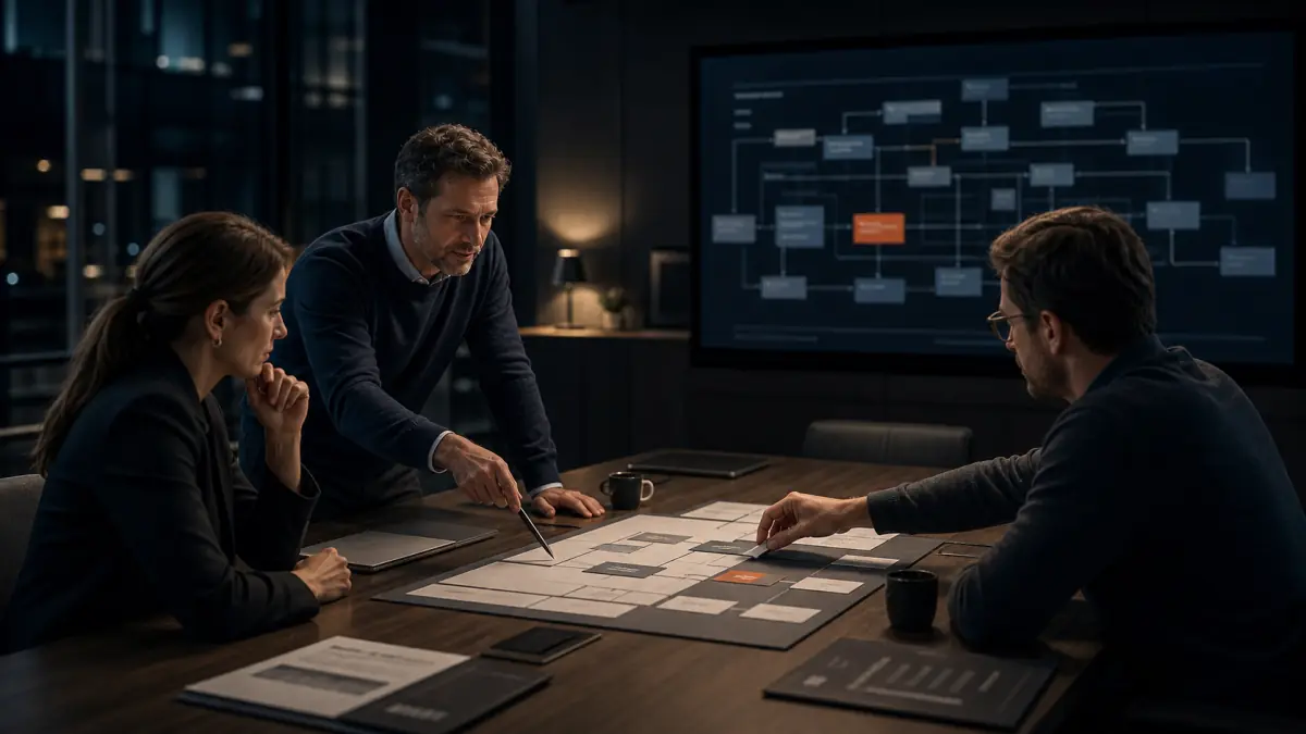 European technical consultant guiding a technology roadmap review with client leaders