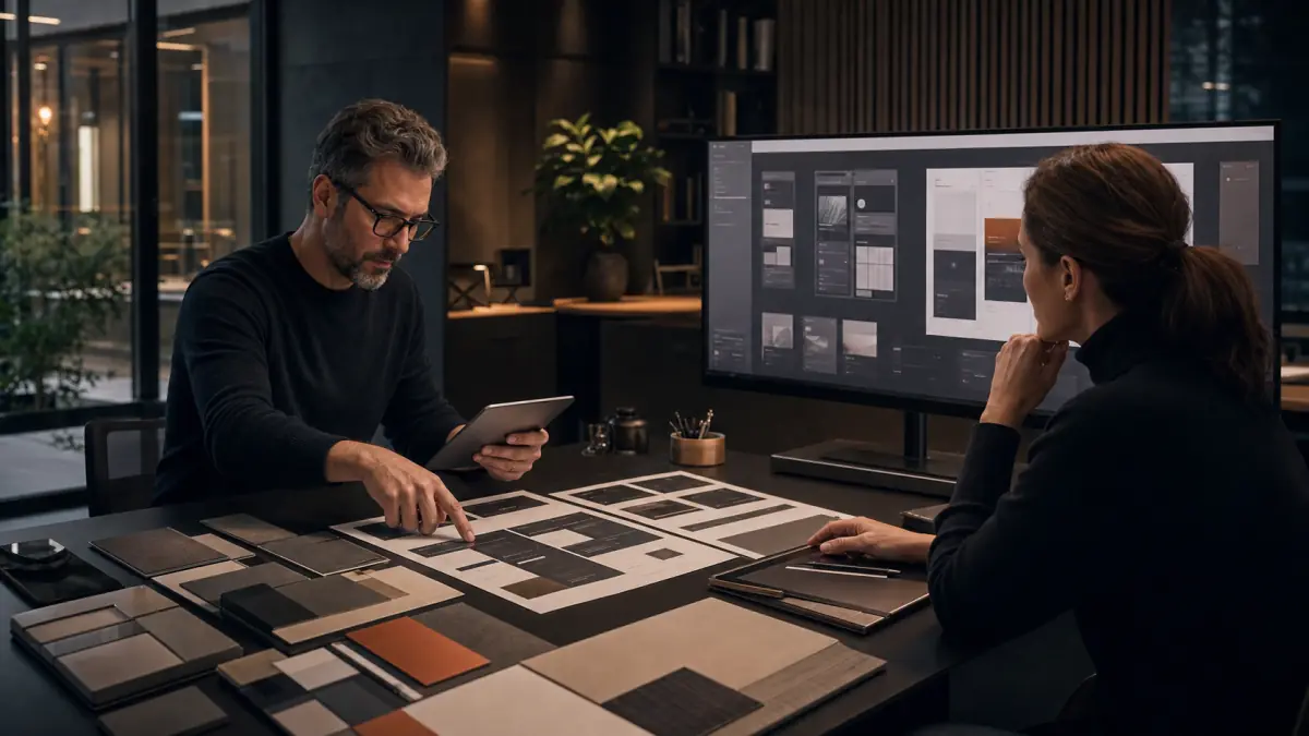 European product designers reviewing interface compositions, a tablet prototype, and material samples