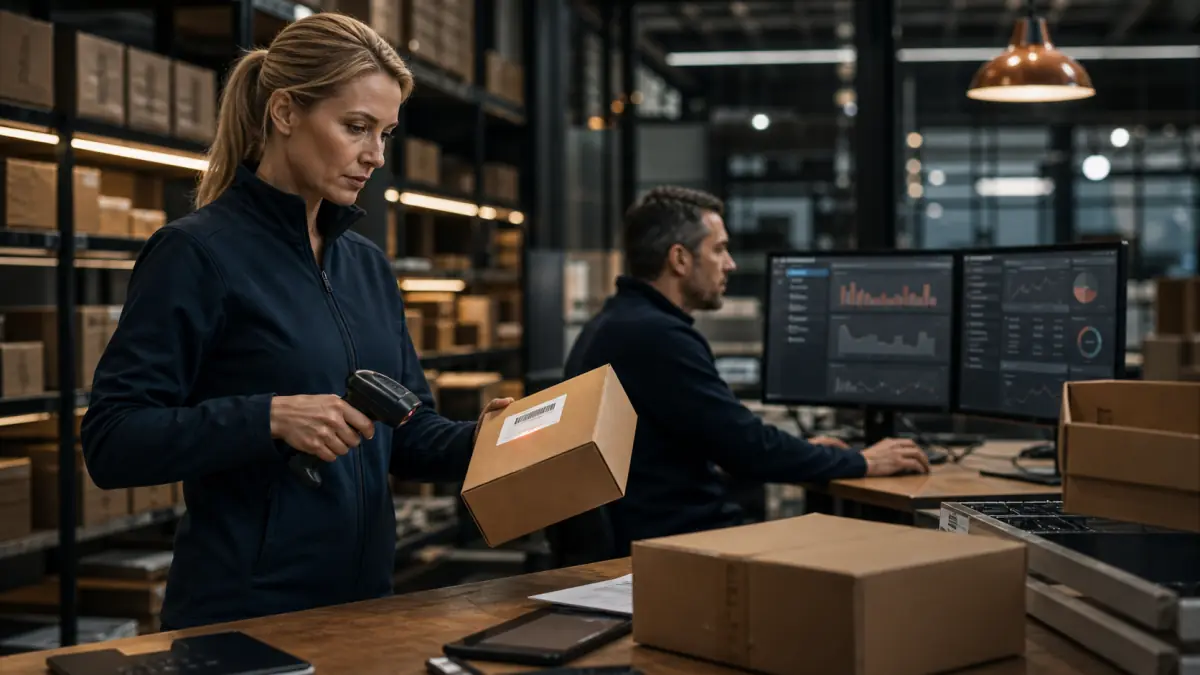 European commerce operations team scanning a parcel and checking an order dashboard