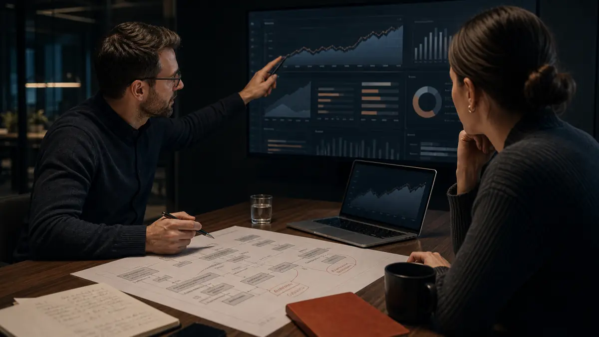 European SEO strategist and content lead reviewing site-performance analytics and a content plan