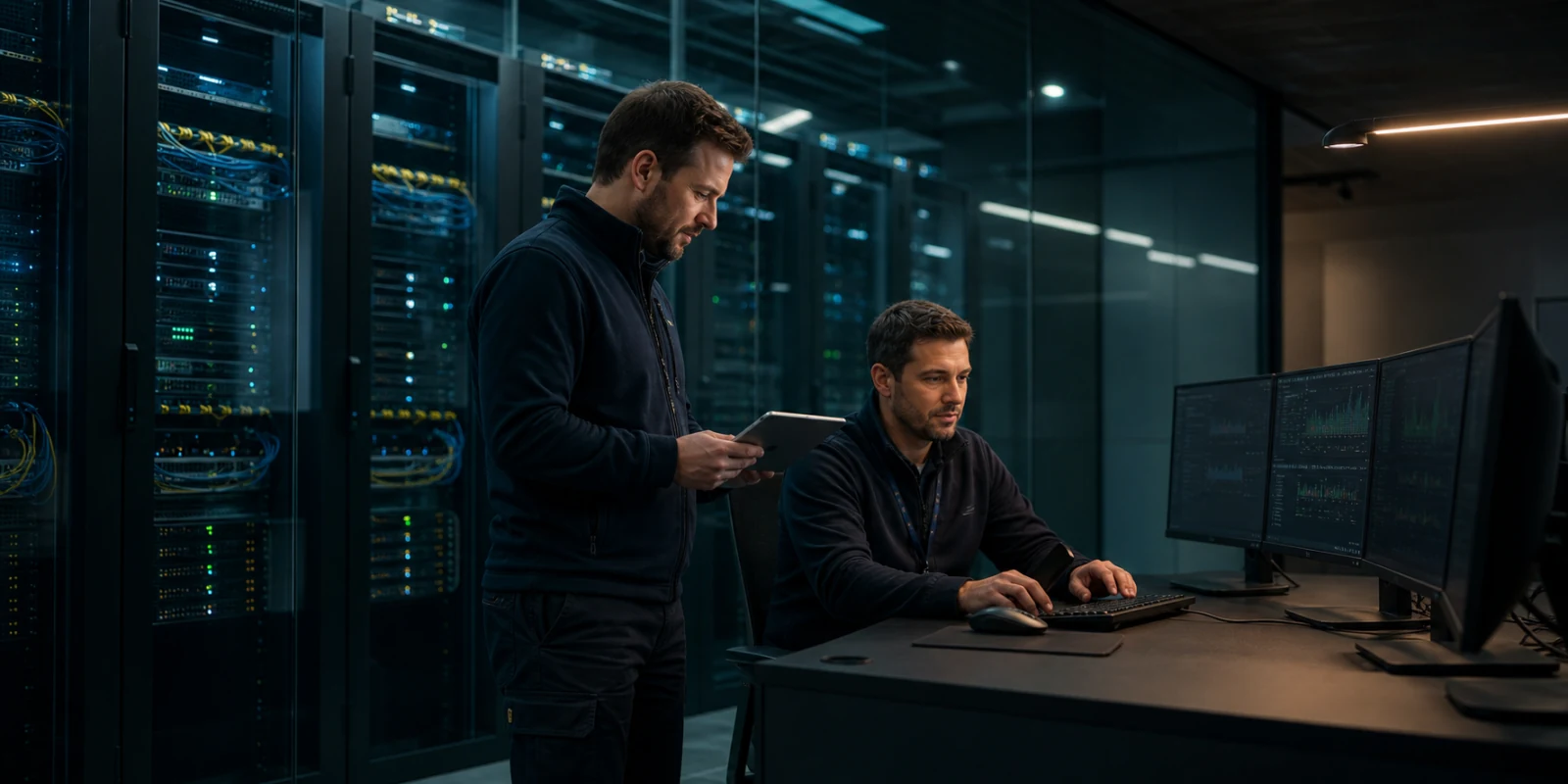 European platform engineers coordinating a cloud deployment in a secure enterprise data centre
