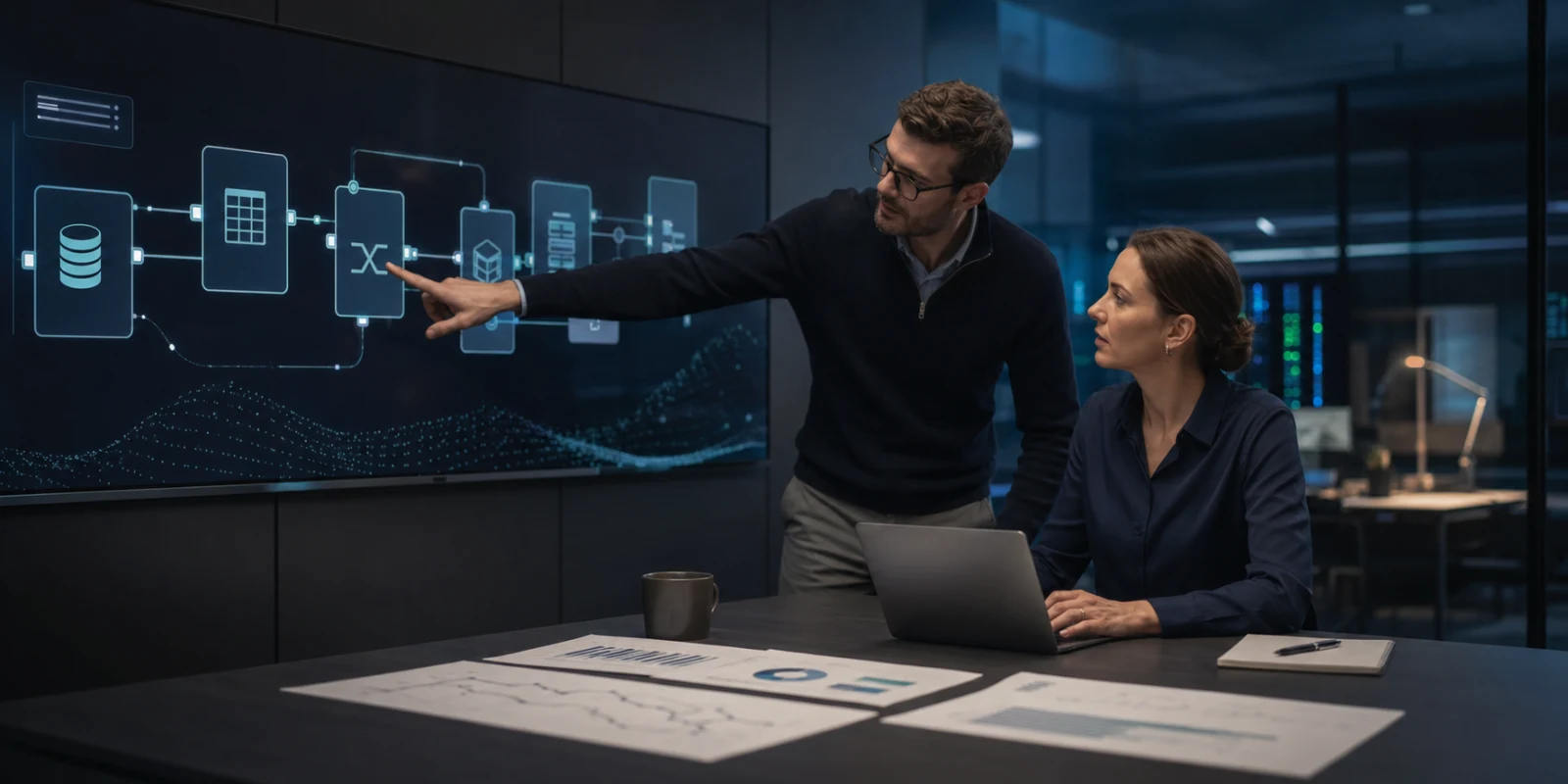 European data engineers reviewing a data pipeline diagram across systems in an enterprise analytics lab