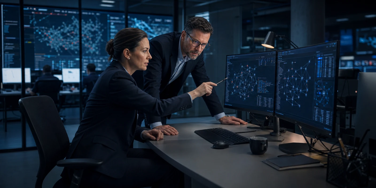 European security engineers reviewing a live threat model and network graph in an enterprise security operations room