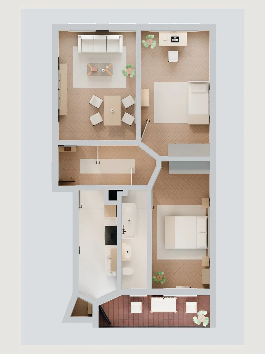 Interactive 3D apartment overview used as a demonstration virtual tour
